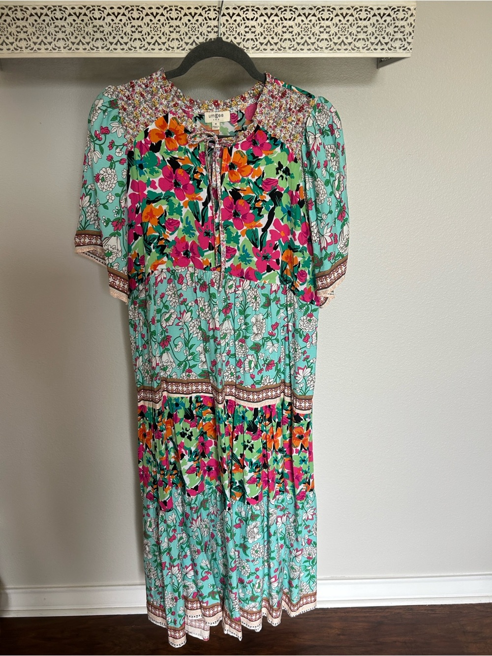 Umgee Turquoise Floral Maxi Dress with Pink Accents